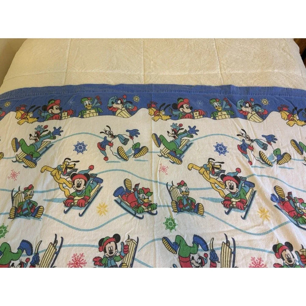 VTG 90s Disney Mickey Mouse Twin Flannel Sheet Set Winter Pluto Donald 3 piece
